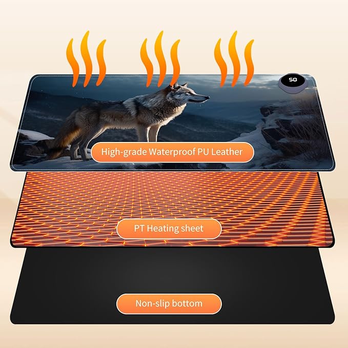 Small Heated Desk Pad 23.6" x 14.2" – Compact Electric Mouse Pad with 3 Heating Levels, Auto Shut-Off, Waterproof PU Surface, Plug-in Warmer for Office or Home Use, Lone Wolf