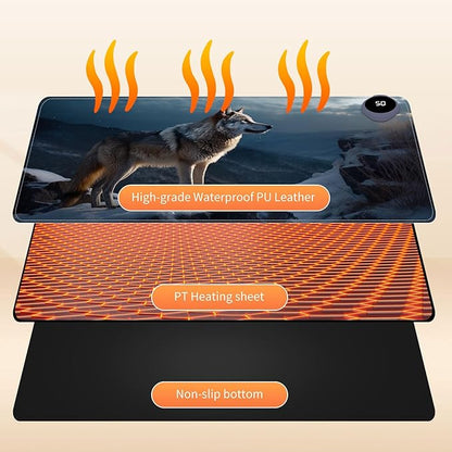 Small Heated Desk Pad 23.6" x 14.2" – Compact Electric Mouse Pad with 3 Heating Levels, Auto Shut-Off, Waterproof PU Surface, Plug-in Warmer for Office or Home Use, Lone Wolf
