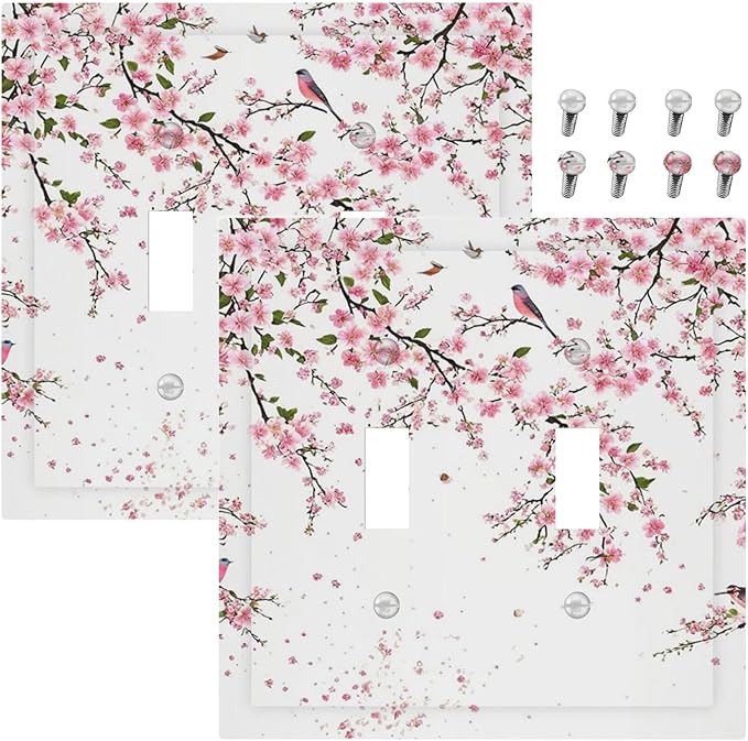 Decorative Light Switch Plate Covers Rustic Plum Blossom Pink Flowers 2 Gang Light Switch Cover Unique Double Toggle Wall Plate Outlet Covers for Bedroom Home Decor（2 Pack）