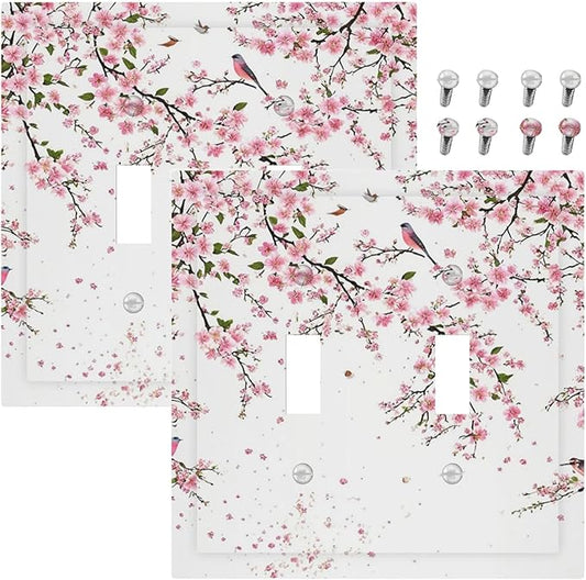 Decorative Light Switch Plate Covers Rustic Plum Blossom Pink Flowers 2 Gang Light Switch Cover Unique Double Toggle Wall Plate Outlet Covers for Bedroom Home Decor（2 Pack）