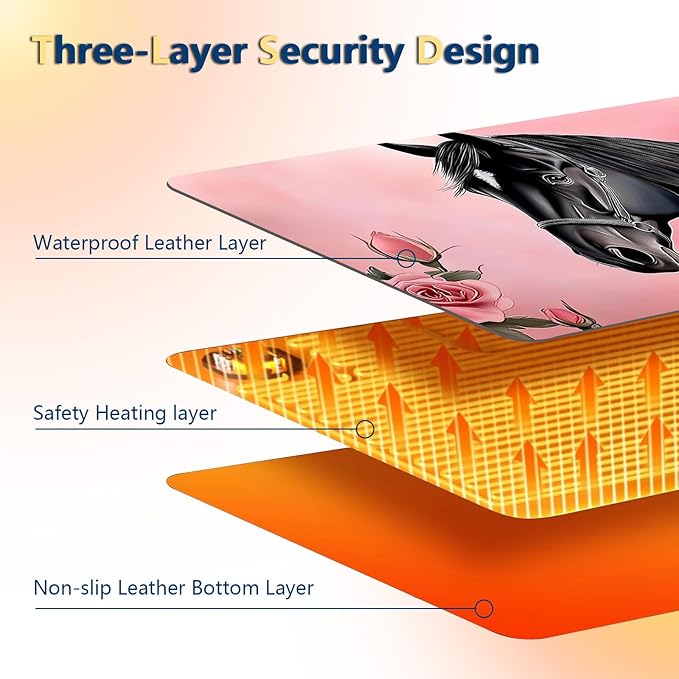 Heated Mouse Pad with 3 Temperature Settings(104°F–122°F),Large 24x14.2 Inch PU Leather Heated Desk Mat,Waterproof Warming Pad for Office,Gaming & Cold Hands Relief,Pink Rose Black Horse