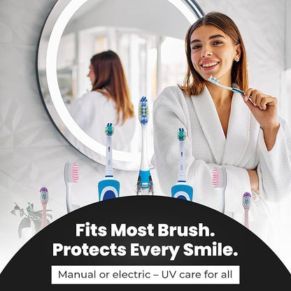 UV Toothbrush Sanitizer Holder & Cleaner with LED Clock Display & Hot Air Drying – Wall-Mounted UV Tooth Brush Holder for Bathroom Decor, Travel Use, Rechargeable Portable Design, Fits All Brushes