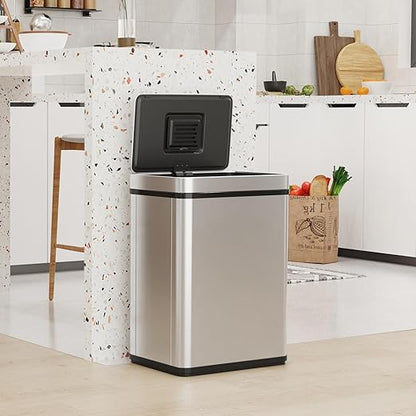 50L / 13 Gallon Smart Automatic Trash Can with Deodorizer Compartment, Stainless Steel Body and Mute Sensor Lid for Kitchen Office Living Room and More, Assemble Large Capacity Garbage Can - Silver