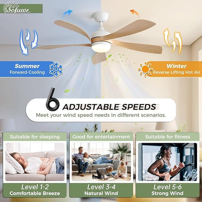 Sofucor 52 Inch Ceiling Fans with Lights and Remote, Outdoor Ceiling Fan with Light 6-Speed 3 CCT 3-Timer, Modern Low Profile Ceiling Fan 5 Blade Reversible DC Motor for Living Room Bedroom Patio