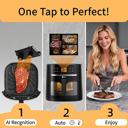 8.5QT Large Air Fryer, AI Intelligent Recognition Airfryer with Clear Window, Touch Controls with 12 AI Functions, Shake Reminder, Nonstick, Fit for Family, Black