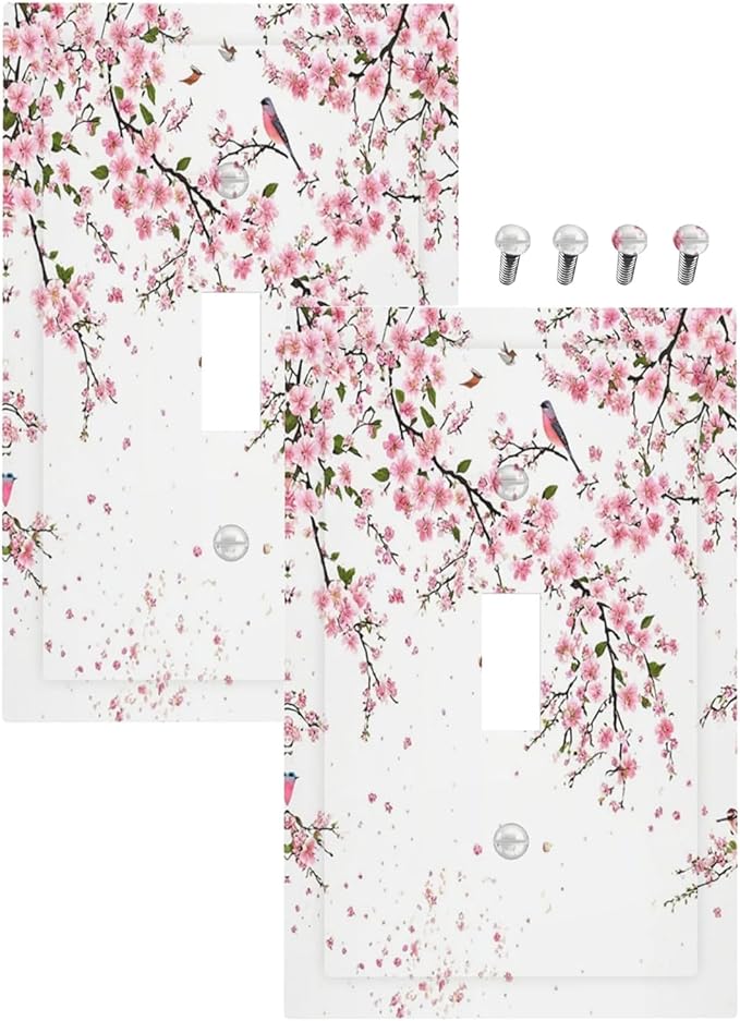 Decorative Light Switch Plate Covers Rustic Plum Blossom Pink Flowers 1 Gang Light Switch Cover Plate Single Toggle Wall Plate Outlet Covers Faceplate for Home Bedroom Decor （2 Pack）