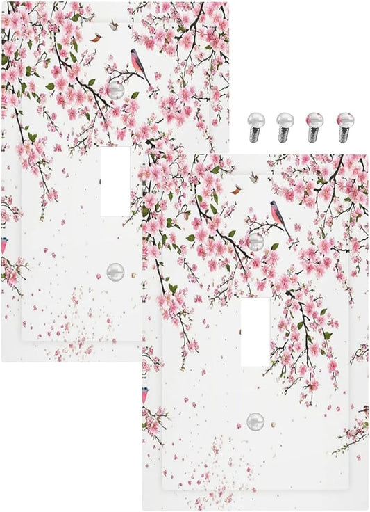 Decorative Light Switch Plate Covers Rustic Plum Blossom Pink Flowers 1 Gang Light Switch Cover Plate Single Toggle Wall Plate Outlet Covers Faceplate for Home Bedroom Decor （2 Pack）