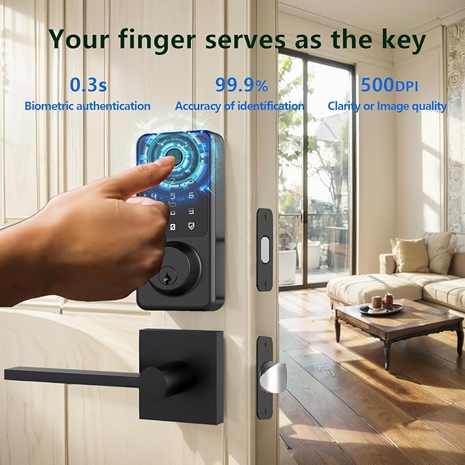 Smart Door Lock Set, Fingerprint Door Lock with Lever Handle, Black Keyless Entry Lock with App, Keypad Deadbolt for Home