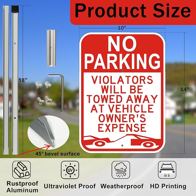 2 Pack No Parking Sign with 36" Metal Stakes, 14x10 inches Reflective Aluminum Sign, Fade Resistant/Waterproof, Violators Will Be Towed Warning