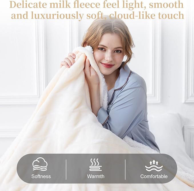 Electric Heated Throw Blanket 50" x 60", Soft Plush Flannel & Sherpa Electric Blanket with 8 Heat Settings, 1-12H Auto-Off, Fast & Even Heating, Machine Washable, Ideal for Home & Office, Beige