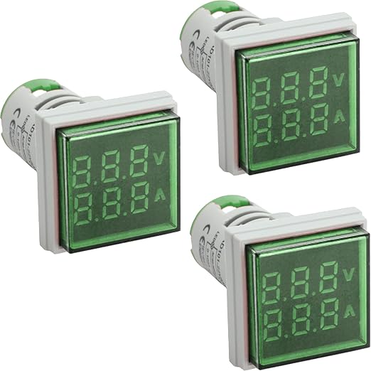 LED Voltage Display Panel Mount Volt Amp Meter, AD101-22VAMS 22mm Square Voltmeter and Ammeter, AC50-500V Voltage and 0-100A Current Meter, Green (3 Pack)