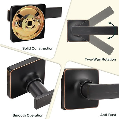 GOBEKOR 3 Pack Oil Rubbed Bronze Door Handle Passage Door Handles with Lock Bronze Keyless Passage Door Levers Interior Lever Door Handle for Closets Square Door Knobs