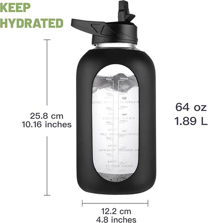 CIVAGO Half Gallon Glass Water Bottle with Straw and Insulated Bottle Holder Sling, 64 oz Motivational Water jug with Time Marker and Silicone Sleeve, Water Flask with 2 Lids, Sage