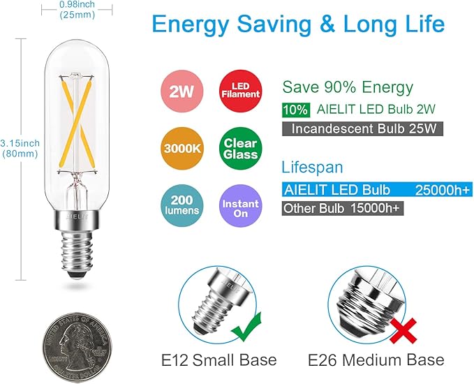 T8 Dimmable 2W LED Candelabra Light Bulb, Soft White 3000K, E12 Small Base, 25-Watt Equivalent Tube Clear Edison Filament Bulb for Chandeliers Beside Table Floor Lamp Front Porch Light, 4-Pack