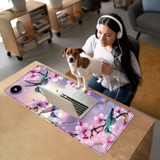 Heated Mouse Pad with 3 Temperature Settings(104°F–122°F),Large 31.5x13 Inch PU Leather Heated Desk Mat,Waterproof Warming Pad for Office,Gaming & Cold Hands Relief,Hummingbirds Flowers