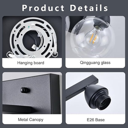 4-Light Bathroom Vanity Light, Matte Black Wall Sconce with Hand-Crafted Thick Glass Shades, High Transparency & Few Flaws, Perfect for Mirror, Bedroom, Hallway