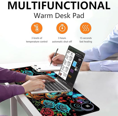 Heated Mouse Pad with 3 Levels Heated & 3 Hours Auto Shut-Off Mouse Pad for Warming Hands in Office Home, 23.6" x 14.2"Large Safe Desk Mat Hand Warmer，Skull Butterfly Blue Rose