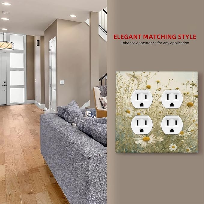 White Wildflowers Daisy Vintage Floral Outlet Covers 2 Gang Double Duplex Decorative Light Switch Covers Electrical Wallplates Socket Faceplate for Bed Room Living Room Decor