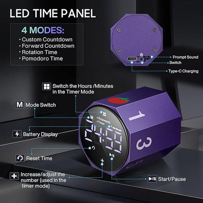 Digital Pomodoro Timer,Frosted Metal Productivity Cube Timer,1.8 in LED Digital Large Screen,Auto-Rotating Display,1/3/5/10/25/30/60min & Custom Time, Silent & Alarm,for Office, Study, Work(Purple)