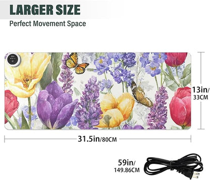 Heated Desk Pad Mouse Pad 31.5x13 Inch PU Leather Desk Mat with 3 Heat Levels Large Mouse Gaming Computer Laptop Mat Tulips Lavenders Purple Butterfly