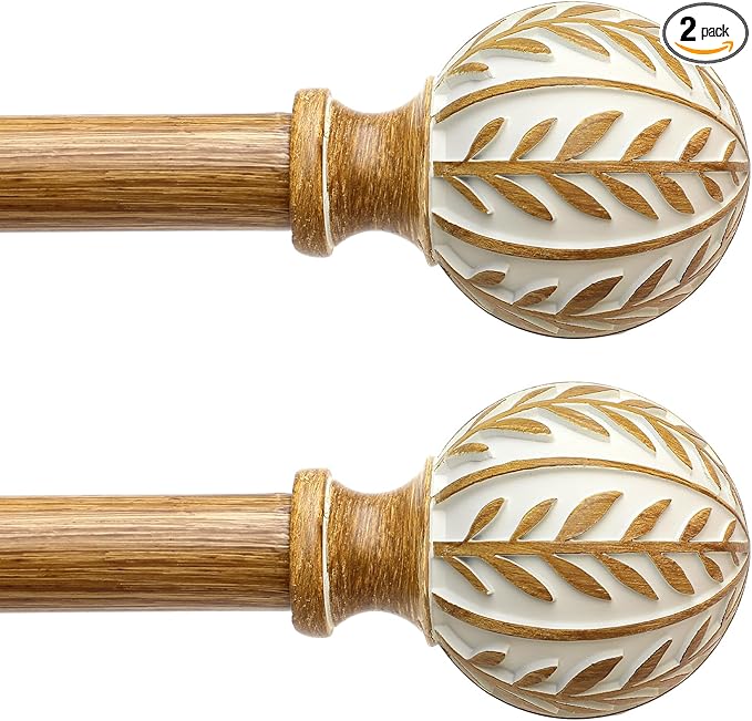 2 Pack Boho Wood Curtain Rods for Windows 48 to 84 inch,1" Adjustable Heavy Duty Window Curtain Rod with Imitation Wood Grain Finials,Rustic Decorative Drapery Rods Set 36-88'',Maple Wood