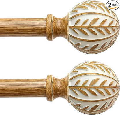 2 Pack Boho Wood Curtain Rods for Windows 48 to 84 inch,1" Adjustable Heavy Duty Window Curtain Rod with Imitation Wood Grain Finials,Rustic Decorative Drapery Rods Set 36-88'',Maple Wood
