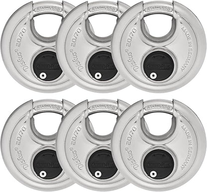 ABUS - Diskus 20/70 Padlock with Key - 6 Pack (2.75") 70mm - Heavy Duty Stainless Steel - Cut, Rust & Drill Resistant - Storage & Outdoor - Pad Lock with 2 Keys (Keyed Different) - Locker Lock