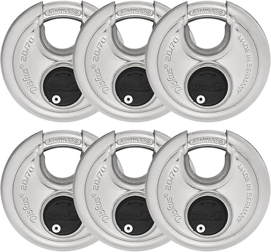 ABUS - Diskus 20/70 Padlock with Key - 6 Pack (2.75") 70mm - Heavy Duty Stainless Steel - Cut, Rust & Drill Resistant - Storage & Outdoor - Pad Lock with 2 Keys (Keyed Different) - Locker Lock