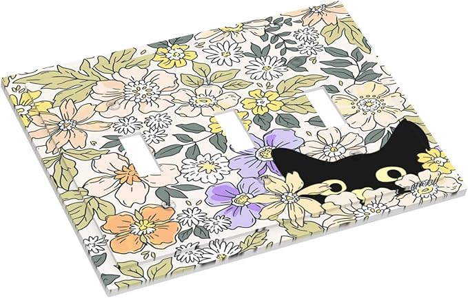 Decorative Light Switch Plate Covers Cute Black Cat in a Flower Patch Botanical Garden 3 Gang Artistic Wall Plate Unique Triple Toggle Light Switch Covers for Bedroom Home Decor