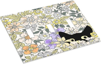 Decorative Light Switch Plate Covers Cute Black Cat in a Flower Patch Botanical Garden 3 Gang Artistic Wall Plate Unique Triple Toggle Light Switch Covers for Bedroom Home Decor