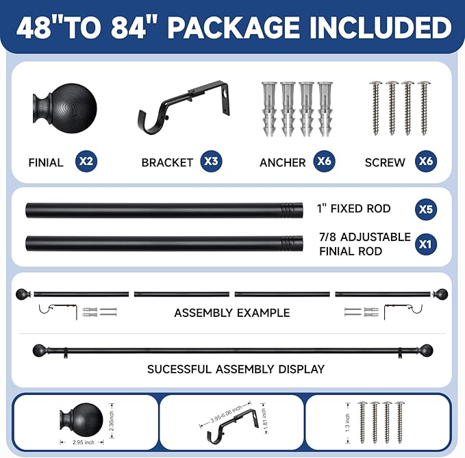 BRIOFOX Black Curtain Rods for Windows 48 to 84 Inch(4-7.33ft) - 1'' Diameter Heavy Duty Curtain Rods with Imitation Wood Grain Pattern Finials,Adjustable Decorative Curtain Rods Set,28-88''