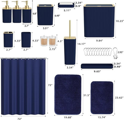 Bathroom Accessory Set - Bathroom Set, 27PC Bathroom Accessories Set, Navy Blue Bathroom Sets with Shower Curtain and Rugs, Mini Trash Can, Toilet Brush, Trash Can & Soap Dispenser