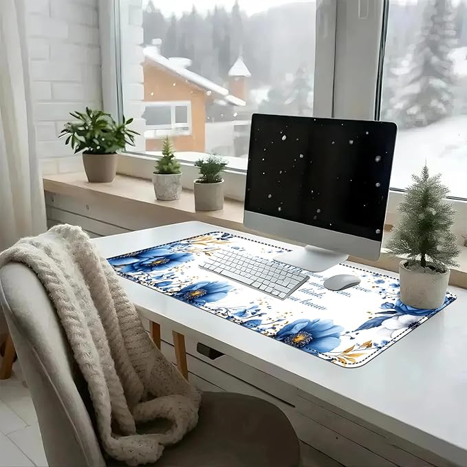 Heated Mouse Pad with 3 Temperature Settings(104°F–122°F),Large 31.5x13 Inch PU Leather Heated Desk Mat,Waterproof Warming Pad for Office,Gaming & Cold Hands Relief,Bule Flower Quotes