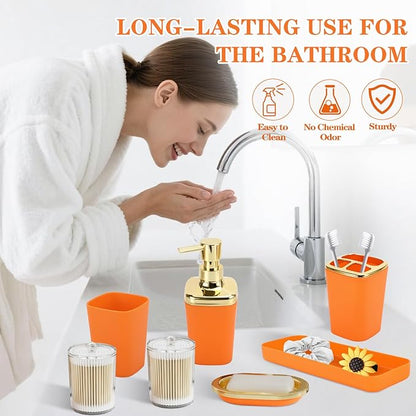 Orange Bathroom Accessories, Bathroom Sets with Stripe Shower Curtain, Orange and Gold Bathroom Accessories Set with Trash Can, Soap Dispenser, Soap Dish, Qtip Holders for Bathroom