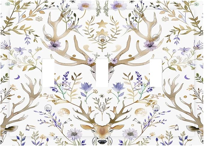 Decorative Switch Plates Gothic Retro Floral Damask Elk Wild Flower 3 Gang Wall Plate Triple Toggle Light Switch Cover Faceplate Electrical Wall Panels For Bed Room Living Room Decor