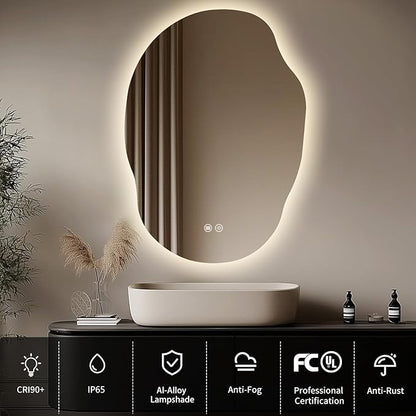 LED Mirror for Bathroom 22x30 in, Stepless Dimmable Irregular Backlit Mirror with 3 Colors, Anti-Fog, Memory, Al-Alloy Lampshade, Frameless Vanity Mirror for Bathroom (Horizontal/Vertical)