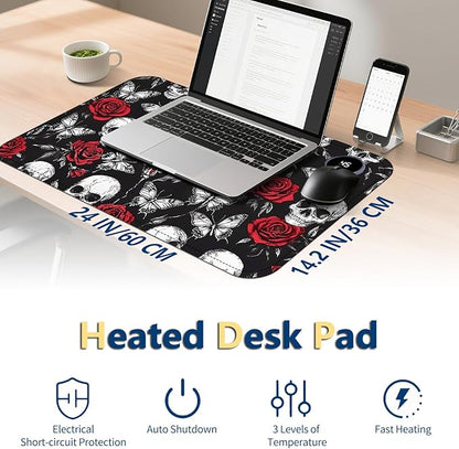 Heated Mouse Pad with 3 Temperature Settings(104°F–122°F),Large 24x14.2 Inch PU Leather Heated Desk Mat,Waterproof Warming Pad for Office,Gaming & Cold Hands Relief,Skeleton Skull Rose