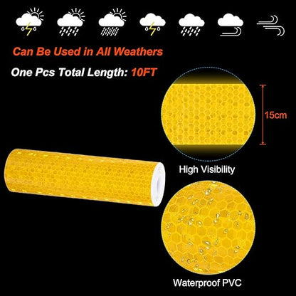 PATIKIL 6 Inch x 10 ft Reflective Tape, 1 Roll Waterproof Self Adhesive High Visibility Caution Warning Safety Tape Reflector with Scraper for Trucks Trailers Cars, Yellow