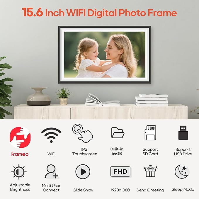 BIGASUO Digital Picture Frame Frameo 15.6" WiFi Electronic Photo Frames Large with 64GB Memory 1920x1080 IPS FHD Touch Screen Share Moments Instantly Anywhere Photo Gifts for Parents and Grandparents