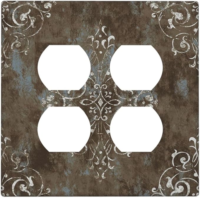 Decorative Outlet Covers Brown Vintage Abstract Floral 2 Gang Wall Plate Cover Double Duplex Receptacle Two Switch Light Switch Cover Plate Jumbo Dual Faceplate for Home Decor