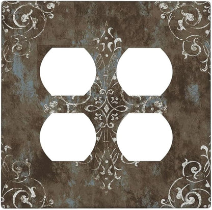 Decorative Outlet Covers Brown Vintage Abstract Floral 2 Gang Wall Plate Cover Double Duplex Receptacle Two Switch Light Switch Cover Plate Jumbo Dual Faceplate for Home Decor