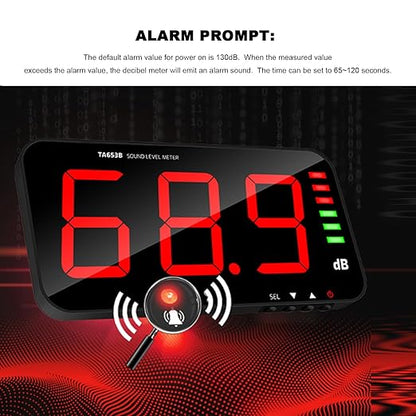 Decibel Meter Sound Alarm Wall Hanging Noise 30-130db Reader Digital Large LCD Display Mounted Temperature Humidity Measuring Level Db Tester TA654B