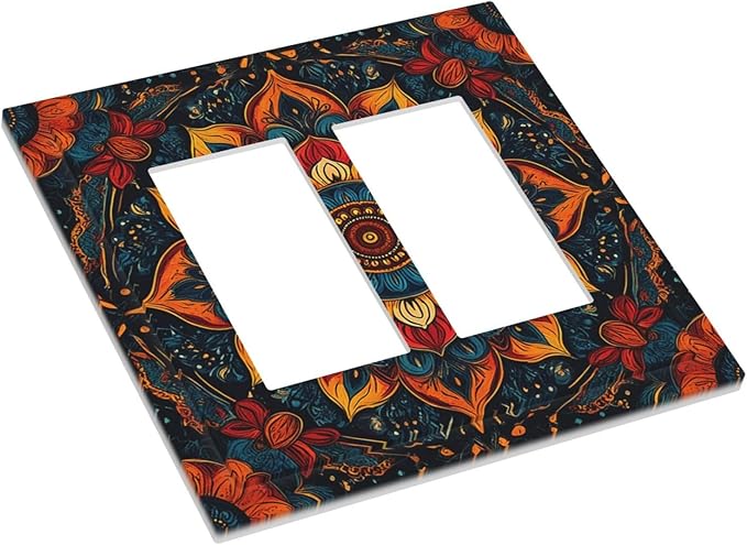 Boho Colorful Mandala Outlet Covers Light Switch Cover Plate 2 Gang Double Rocker Wall Plates Decorative Switch Plates Plug Cover Electrical GFCI Receptacle Cover for Home 4.9 X 5 IN