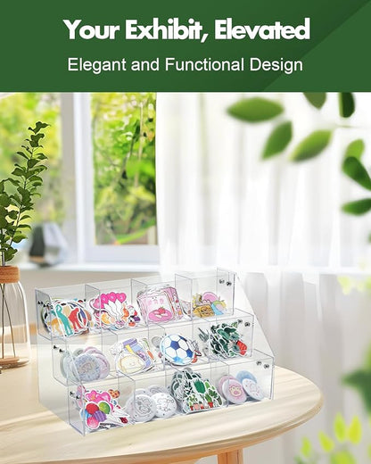 UCEC Clear Acrylic Sticker Display Stand, 3-Tier 12 Pockets Acrylic Card Display & Sticker Organizer, Essential Portable Organizer for On-the-Go Professionals, Tradeshows, Retail, and Supplier Events