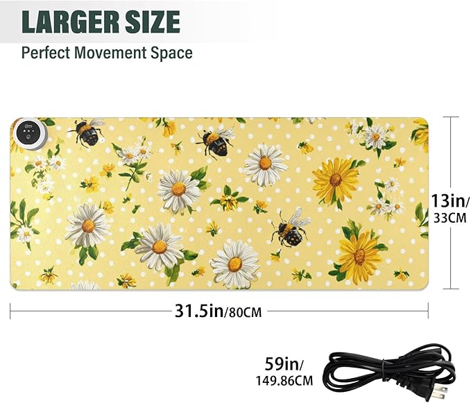 Heated Desk Pad Mouse Pad 31.5x13 Inch PU Leather Desk Mat with 3 Heat Levels Large Mouse Gaming Computer Laptop Mat Yellow Dot Bee and Daisy