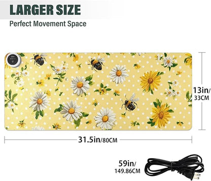 Heated Desk Pad Mouse Pad 31.5x13 Inch PU Leather Desk Mat with 3 Heat Levels Large Mouse Gaming Computer Laptop Mat Yellow Dot Bee and Daisy