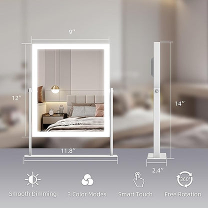 VANITII Vanity Mirror with Lights LED Lighted Makeup Mirror with Magnification 9”x12” Hollywood Mirror 3 Color Lighting 360 Rotation Smart Touch Control for Desktop Dormitory Bedroom