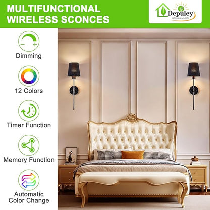 Depuley Battery Operated Wall Sconce: 24" Set of 2 Wireless Wall Lights with Remote for Bedroom - Rechargeable 15 Colors Black Wall Lamp for Living Room Hallway Home Decor