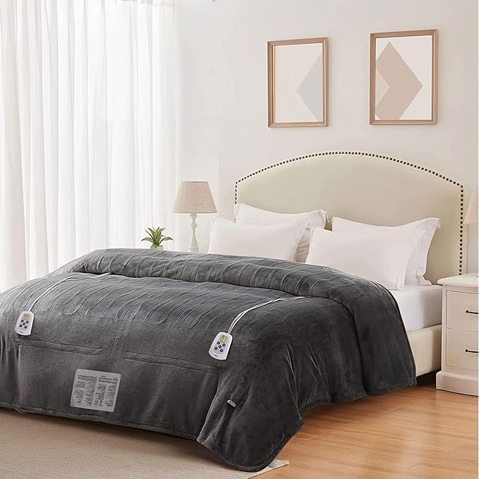 SUNVIVI Electric Blanket King Size, Heated Blanket Dual Control Soft Flannel, 10 Heat Settings, 12 Hours Auto Off, Machine Washable, 5 Years Warranty, Overheat Protection, ETL Certified, Grey