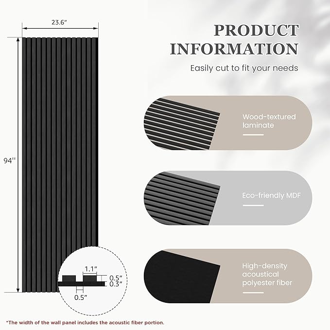 Wood Salt Acoustic Wall Panels, 2 Piece 94" x 23.6" x 0.8" Soundproof Wooden Wall Panels, 3D Fluted Sound Absorbing Panel, Matte Black